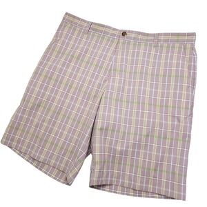 Adidas Shorts Mens 40 Brown Plaid Golf Flat Front Stretch Performance Casual